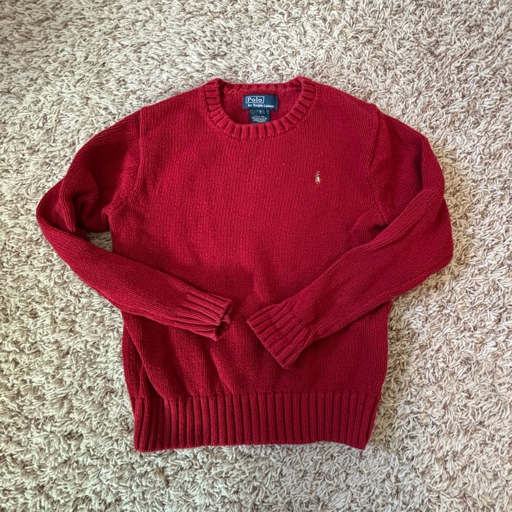 Ralph Lauren Kids Red Crewneck Sweater with Multi-Color Rider Pony Logo